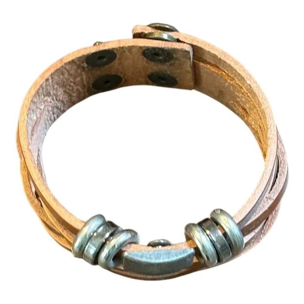 Leather‎ Cuff Bracelet OS Brown Braided Multi-Strand Metal Accents Boho Rustic